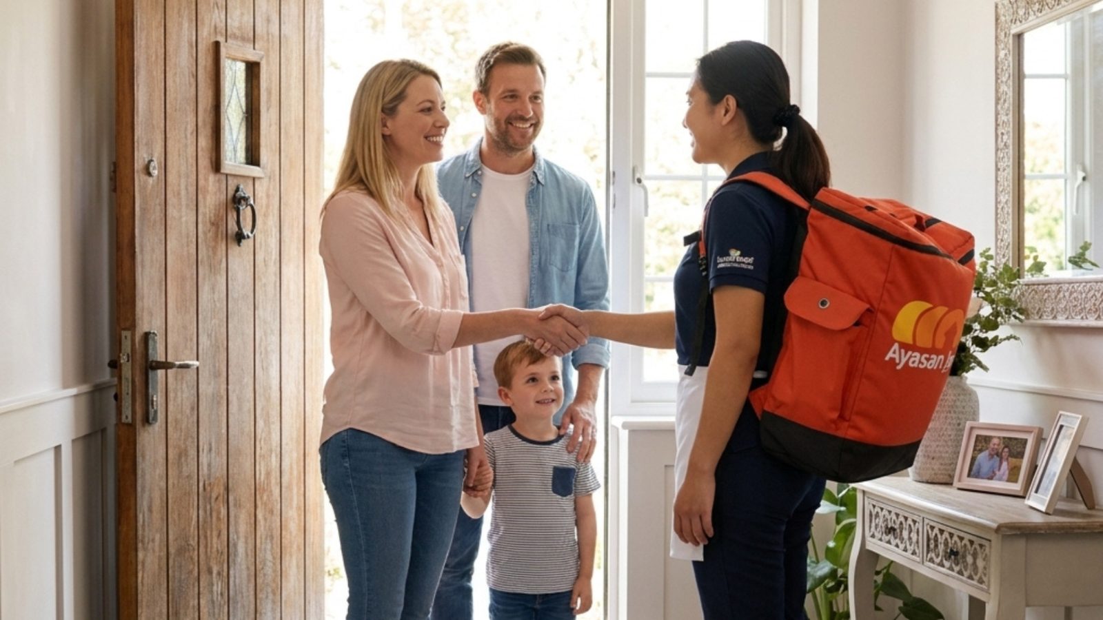 An Ayasan cleaner being welcomed at the front door by a family