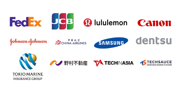 Trusted companies including FedEx, JCB, lululemon, Canon, Johnson & Johnson, China Airlines, Samsung, dentsu, Tokio Marine, Nomura Real Estate, Tech in Asia, and TechSauce
